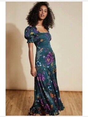 Anthropologie Hutch Dark Green Floral Puff-Sleeve Maxi Dress